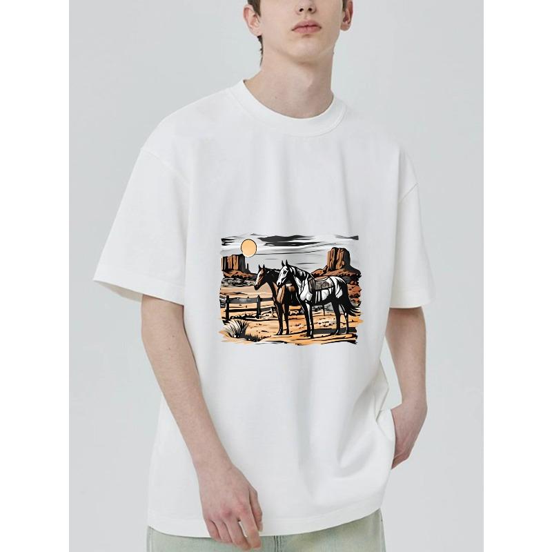 

Black T Shirt With Horse And Desert Landscape Print For Casual Wear XXXXL білий