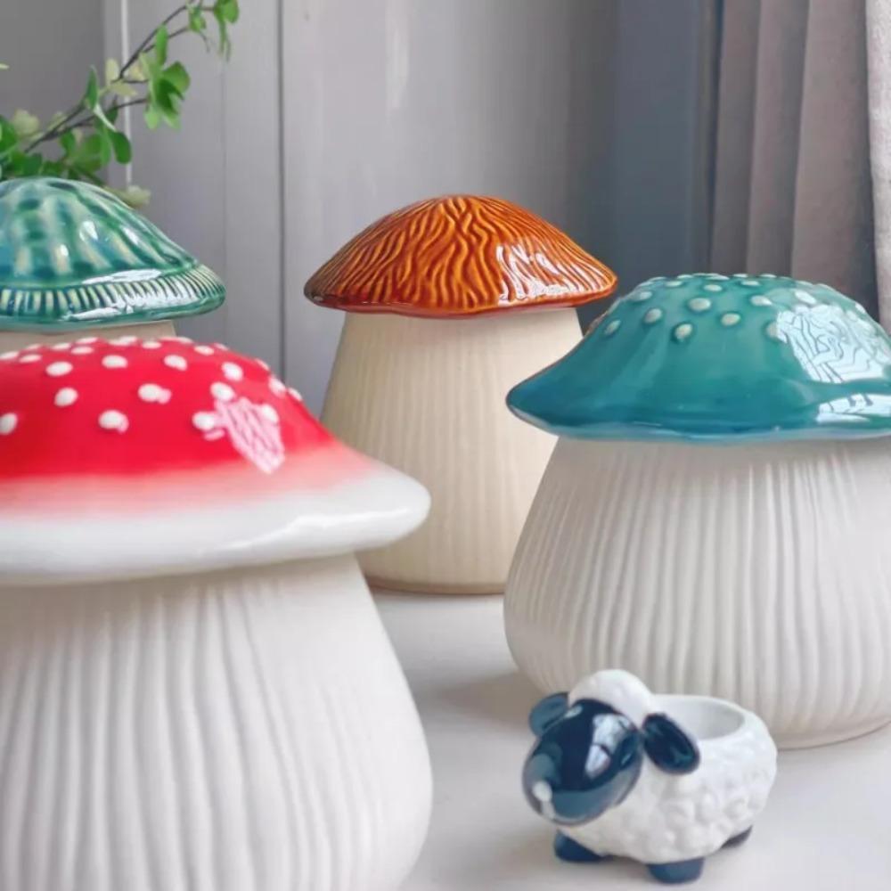 Simulation of Mushroom Ceramic Storage Tank Crafts Ornaments Cartoon Mushroom Sundries Storage Tank Container Home Decoration