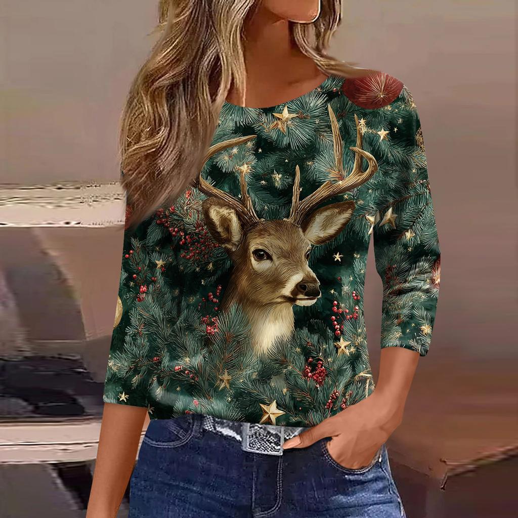 Women's Fashion Casual Three-quarter Sleeve Christmas Printed  Neck Top