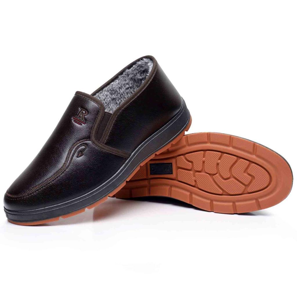 Shoes for Men Winter Fashion Non-slip Cotton Faux Leather Shoes Men's Thickened Leather Waterproof Casual Snow Boots