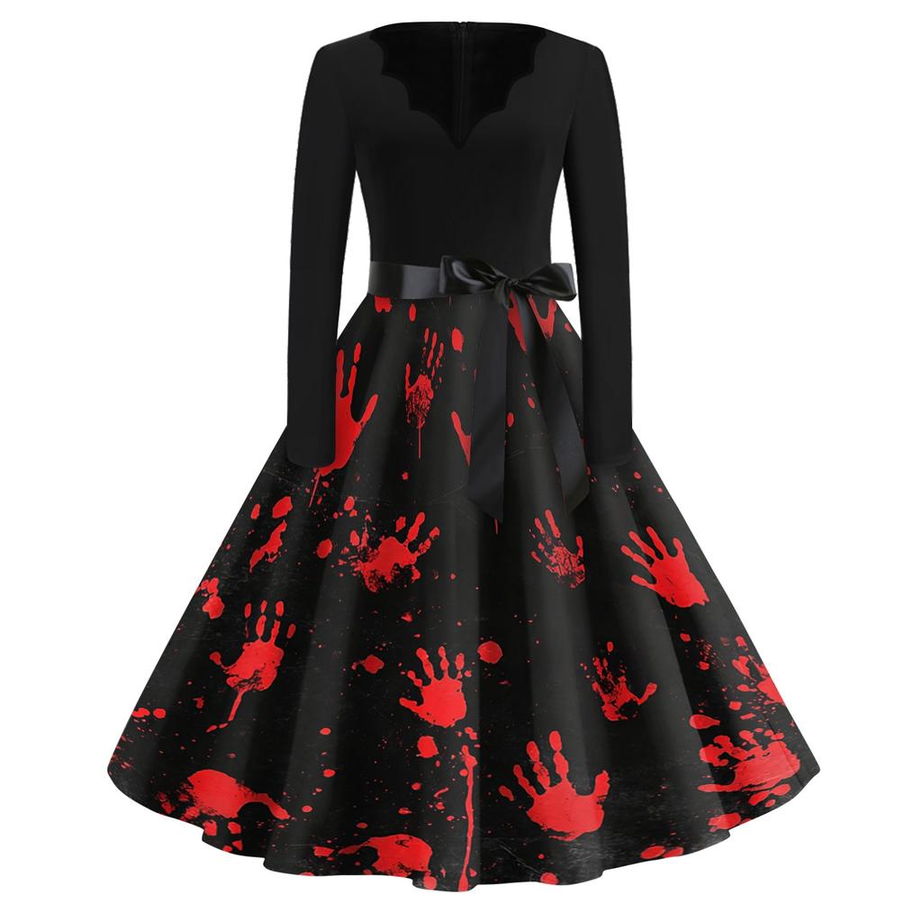 Women's Casual Vintage V Neck Dress with Long Sleeves Halloween Print Full Skirt Midi Dress with Waist Tie for Everyday Wear