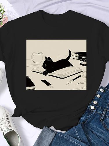 Woman Plus Size Round Neck Half Sleeve T-shirt Printed T-shirt Top New T Shirt Coffee Books Brown Books American Retro T-shirt