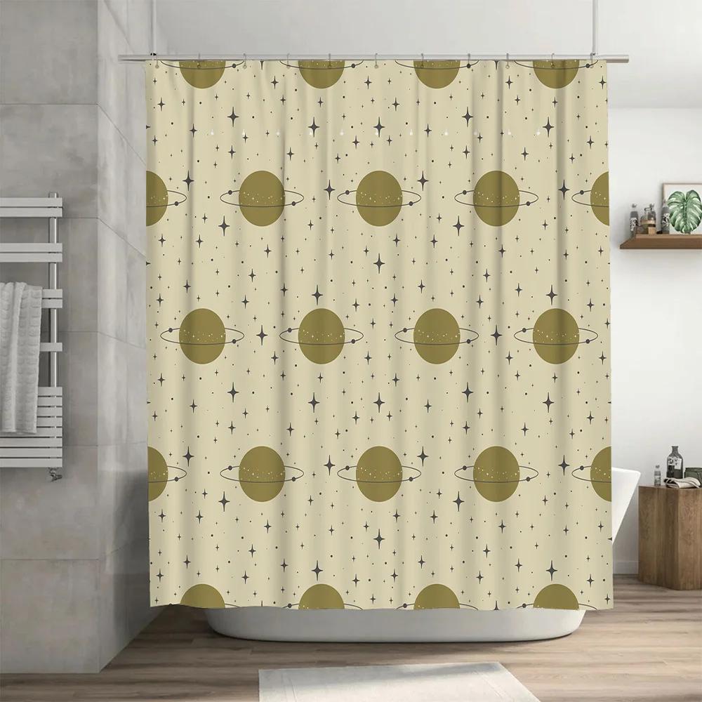 Space-themed Bath Curtains with Planets Print Luxury Bathroom Decor Set Soft Waterproof Shower Curtain for Home Decoration Olive