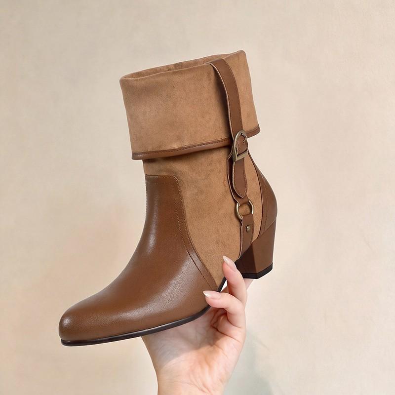Womens Round Toe Chunky Heel Ankle Boots Winter Slip On Fashion Western 5cm