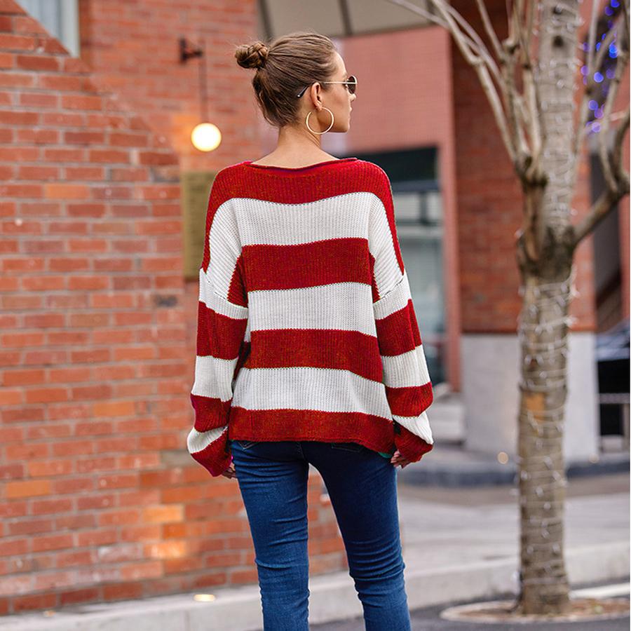 Women's Autumn New Fashion Striped Color Block Knit Sweater with Ribbed Crew Neck