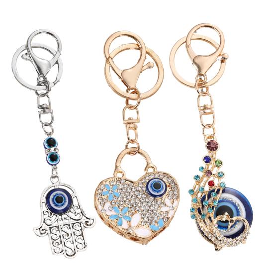 Devil Eye Keychain Rhinestone Heart Lock Peacock Car Key Chain Accessories Backpack Pendant Purse Bag Charm Keyring for Men Women