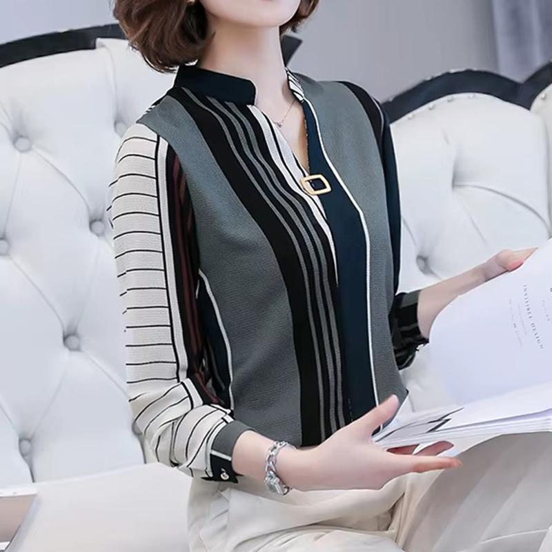 Spring Fashion Long Sleeve Women Blouses Elegant Printing Striped V-neck Casual Shirts for Women Fashion Thin Slim Office Lady Shirt Tops 875B
