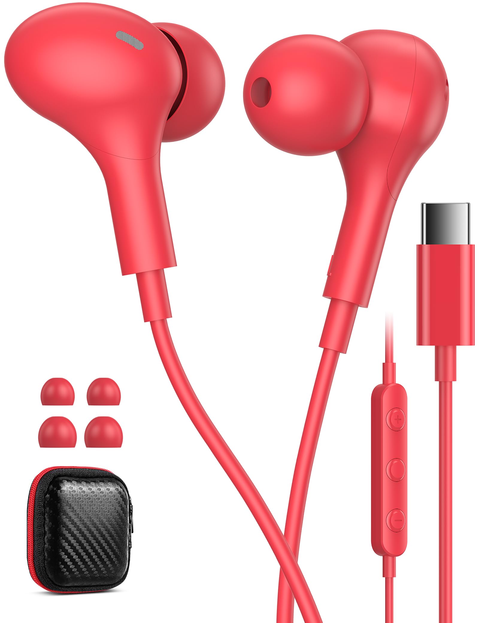 

Wired USB Earphones with Magnetic Compatible with iPhone Google Pixel Samsung iPad and other with Remote for and Zoom Red Color Type-C Microphone,