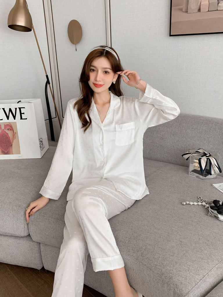 Ice Silk Women's Heart Jacquard Pajama Set - Long Sleeve & Pants