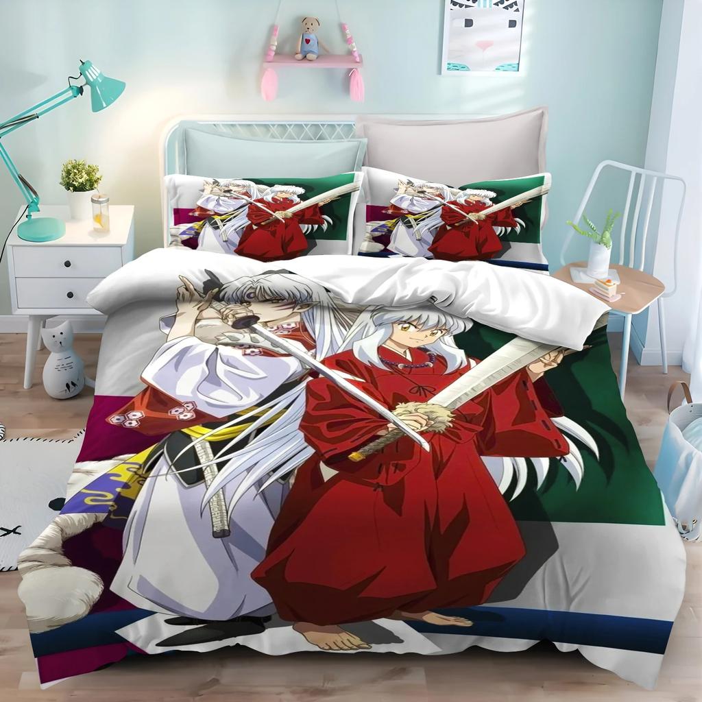 Cartoon Japanese Anime Inuyasha Duvet Cover Set Kawaii Quilt Cover Pillowcase Kids Bedding Set Gifts Suitable for Boys and Girls
