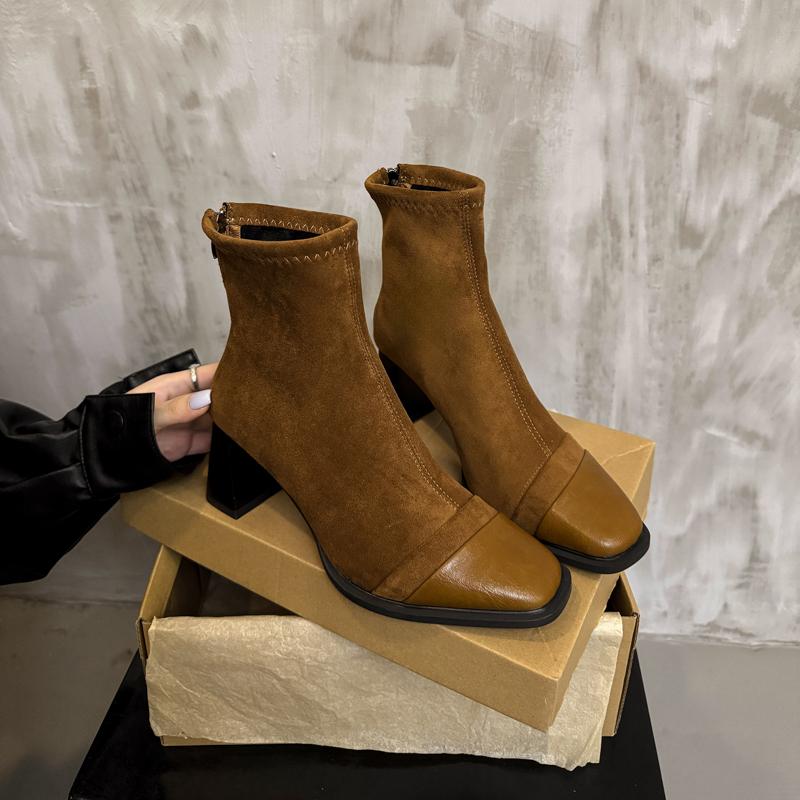 Square Toe High Heel Booties Women's Vintage Suede Paneled Autumn Winter Block Heel Stretch Skinny Boots