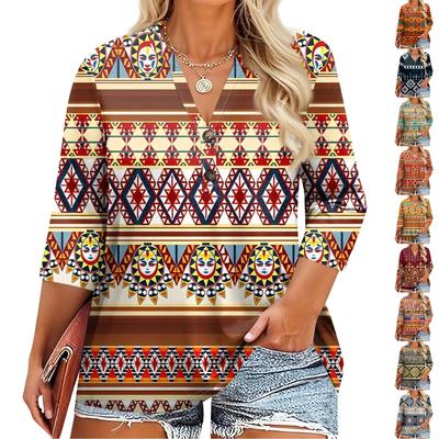 Plus Size Women's Fashion Casual Vintage Print V-Neck 3/4 Sleeve Button T-Shirt Top