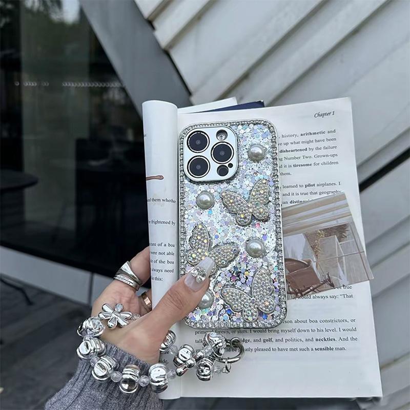 Klebe Pailletten Perle Schmetterling Handyhülle für IPhone17promax Feines Loch Linse Sturzsicher für Apple 16 Weiblich