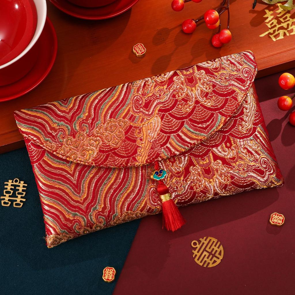 2 Pcs Brocade Embroidery Fabric Wedding Red Envelope Money Pocket Hongbao New Year's Blessing Bag Chinese Spring Festival Bags