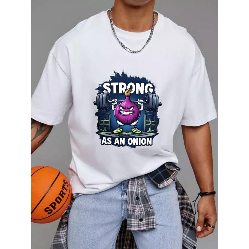 White T Shirt Strong As An Onion Cartoon Onion Lifting Barbell Gym Motivation Design for Fitness Enthusiasts and Workout Clothes