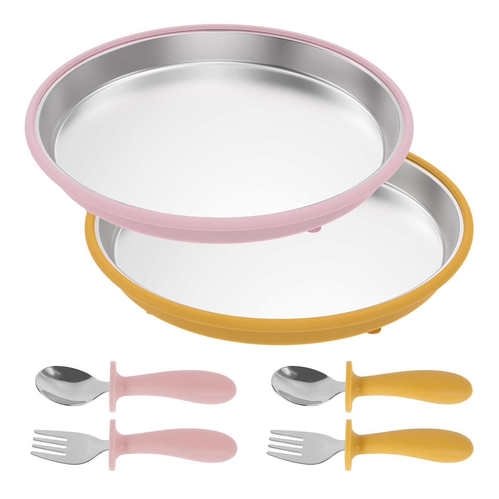 2Set Baby Silicone Suction Bowls Stainless Steel Liner Baby Dining Plate Baby Feeding Set Kid Training Feeding Sucker Bowl