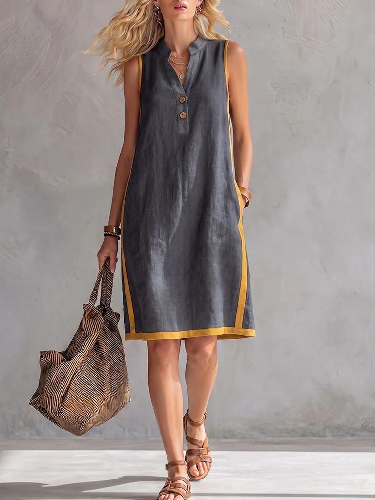2026 new European and American style V-neck sleeveless cotton and linen dress summer loose casual temperament mid-skirt beach vacation