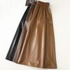 Coffee PU Leather Elastic Waist A-Line Pleated Midi Skirt - Women's 2024 Spring/Autumn Style