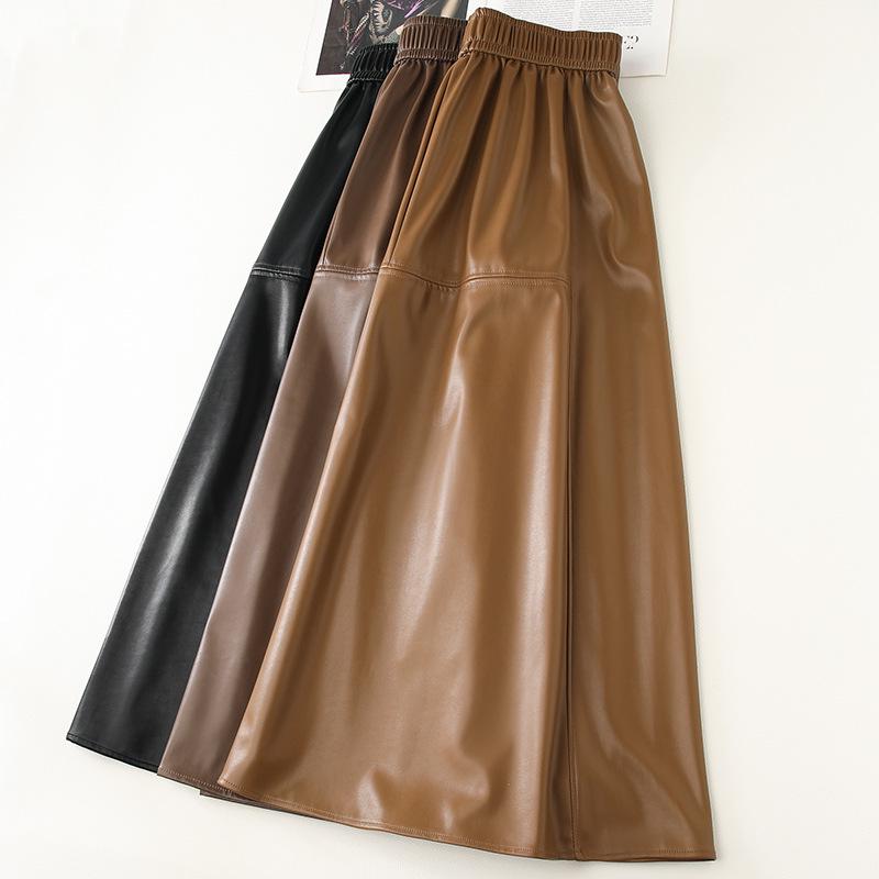 Coffee PU Leather Elastic Waist A-Line Pleated Midi Skirt - Women's 2024 Spring/Autumn Style
