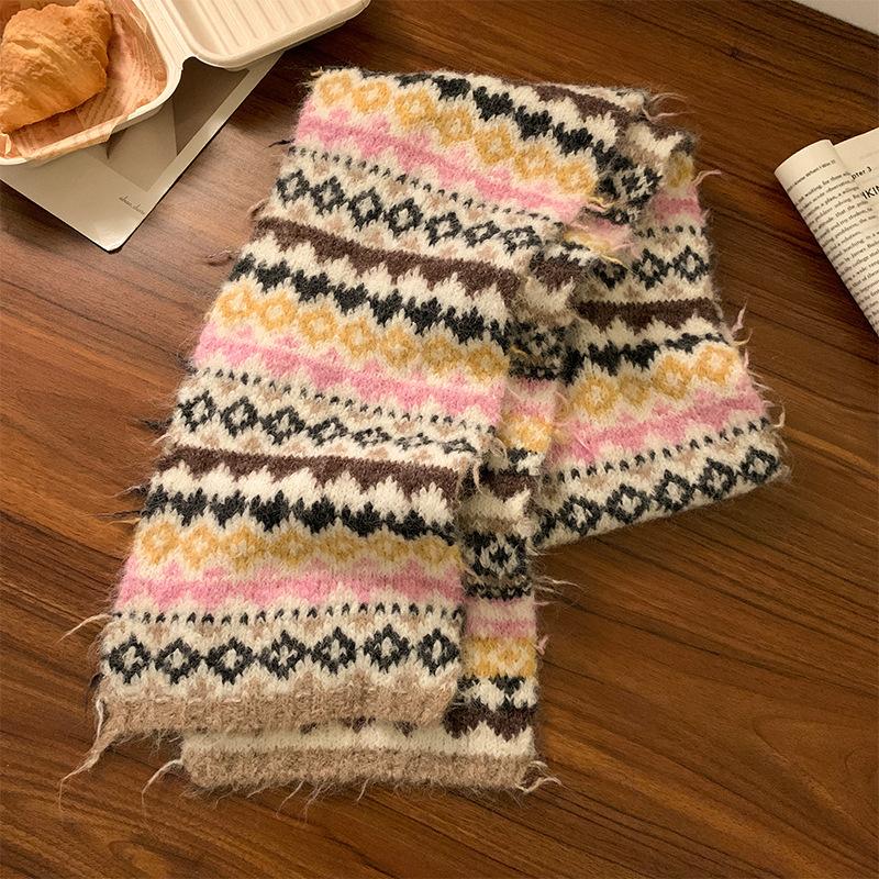 Fair Island Wind Knitted Scarf Women's Autumn and Winter Advanced Sense of Contrasting Colors Thickened Warm Korean Atmosphere Scarf Student