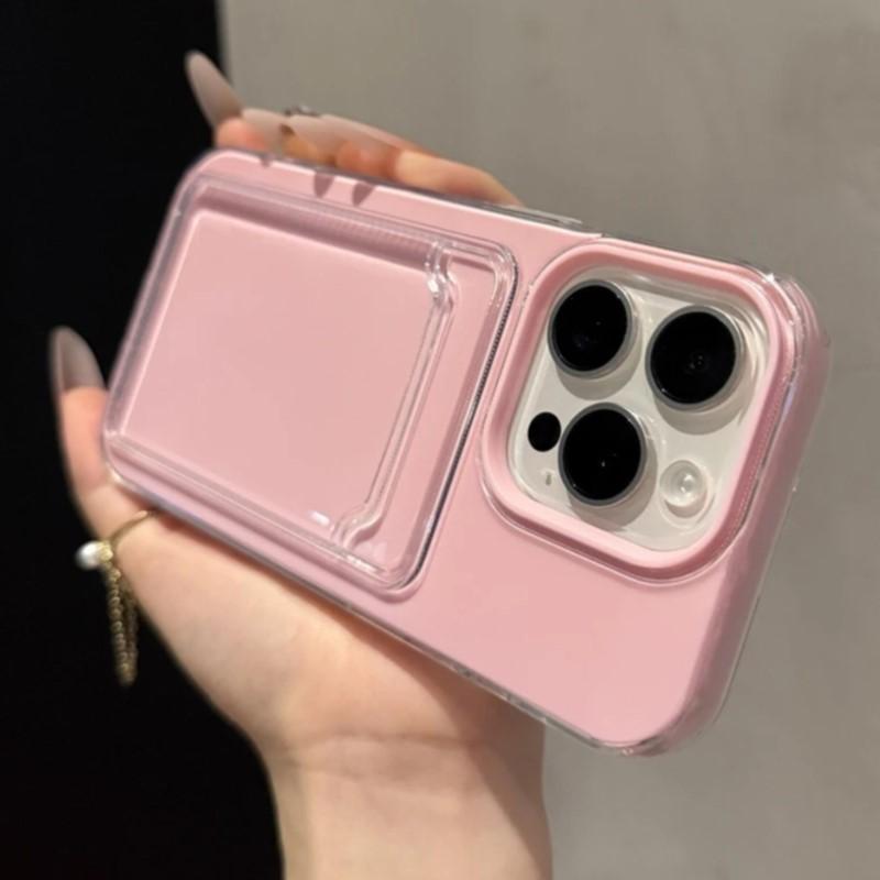 2in1 Card Holder Slot Wallet Po Pocket Clear Candy Color Case For iPhone 16 15 14 13 12 Pro Max TPU+PC Shockproof Cover