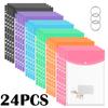 24Pcs Plastic Envelopes Binder Pocket with 11 Holes Waterproof Envelopes Binder Folder with Snap Button and Label Pocket