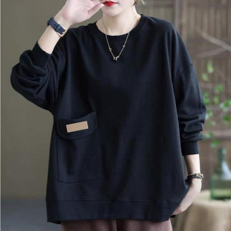 Trendy Y2K Autumn Women Oversize Casual Cotton Sweatshirt Streetwear Solid Pocket Long Sleeve O Neck Female
