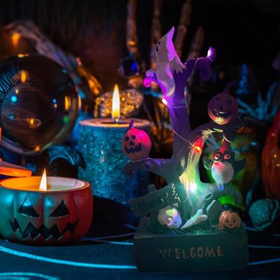 Decorazione di Halloween da Sogno Statua Spettrale di Halloween in Resina con Luce di Zucca a LED Ornamento da Tavolo per Interni Giardino Decorazione per Scrivania