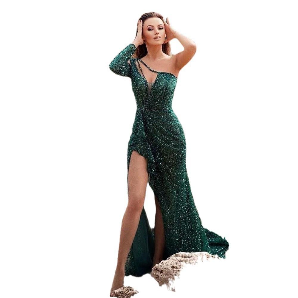Abito da sera da donna di lusso con paillettes, maniche lunghe e spacco alto, 2025