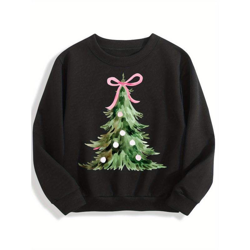 Kids Black Crewneck Sweatshirt, Christmas Tree Print With Pink Bow, Casual Pullover 110