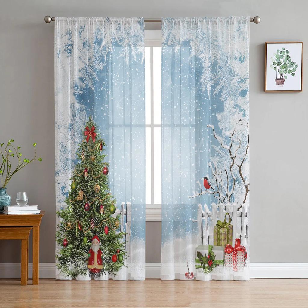 Christmas Tree Print Curtain Bedroom Living Room Cafe Xmas Snowflake Winter Semi Drape Voile Window Treatment Sheer For Sitting Made Of Polyester