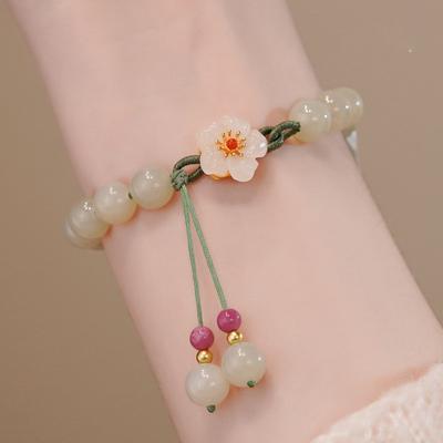 Braccialetto intrecciato con perline di giada e piccoli fiori di pesca, design femminile per le minoranze, regalo per il migliore amico degli studenti, bracciale con perline, lavoro a maglia
