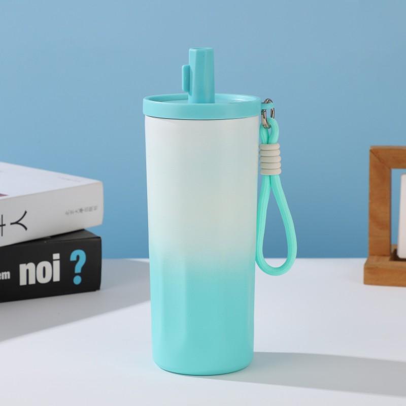 Gradient Color Minimalist Handle Strap Insulated Stainless Steel Vacuum Travel Mug With Straw Lid 600ml