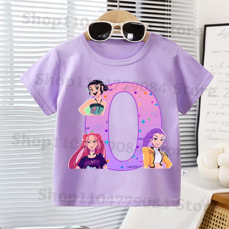K-pop Demon Hunters Kawaii T-shirts for Children Cartoon Letter A-Z Printed Short Sleeves Top Boys Girls Summer Fashion T-shirt