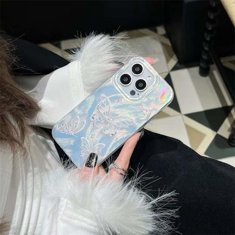 Funda para teléfono con patrón de concha láser de pluma de mariposa coreana para iPhone 15 13 Pro Max 14 Pro 12 11 Cubierta de lujo con purpurina
