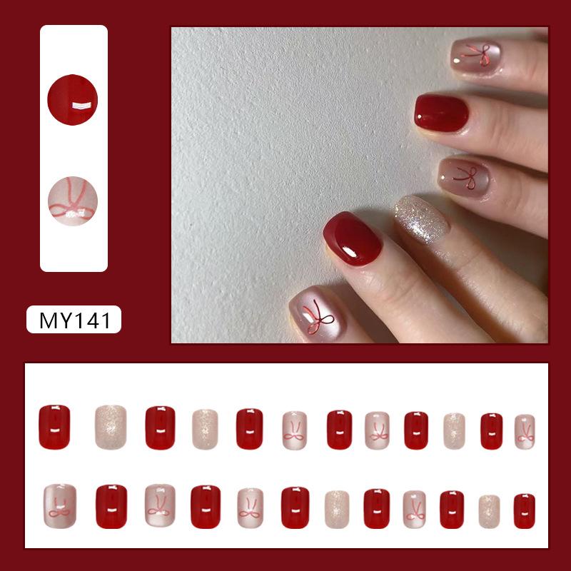 

Red bow fine flash cat eye gentle girl versatile European and American ins style nail art tablets removable 24 pieces