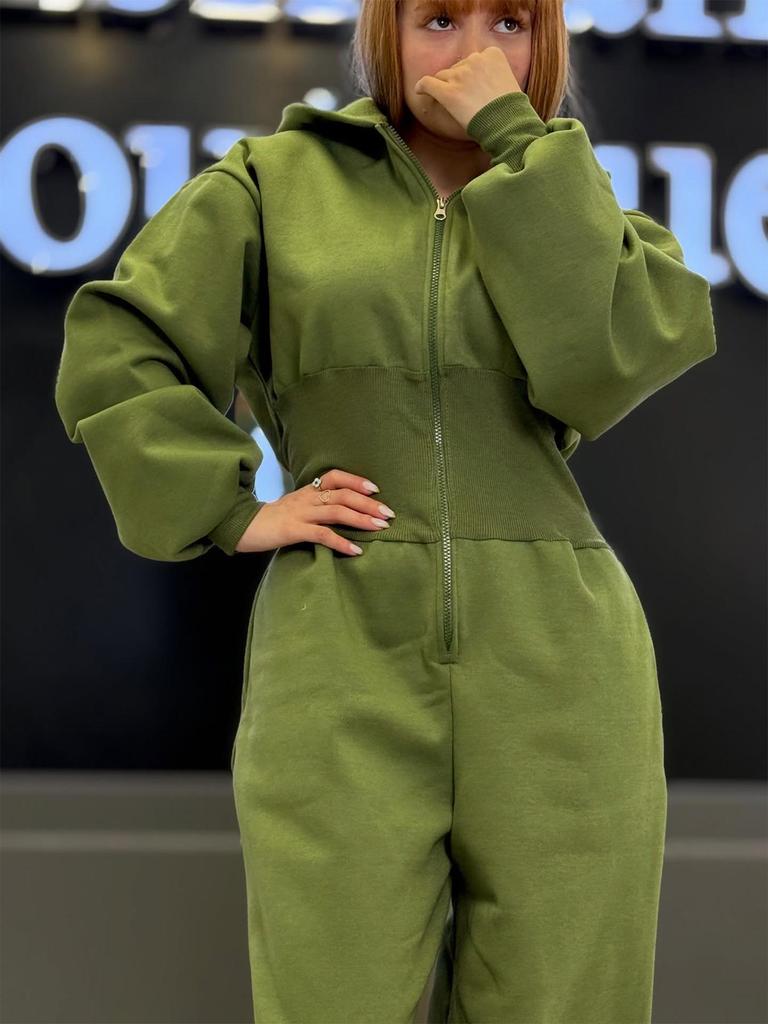TW818 Women's Hooded Zip-Up Slimming Jumpsuit - Autumn/Winter, Elastic Waist, Solid Color