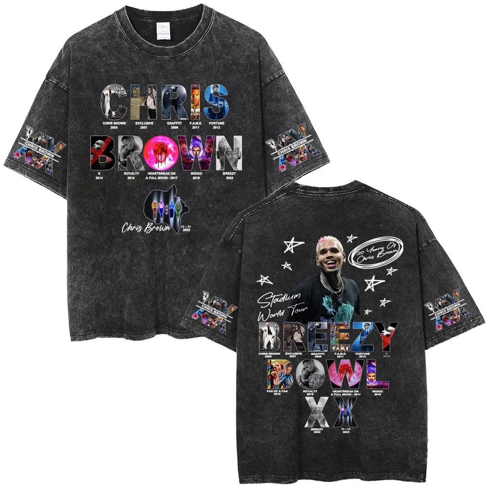 Rapper Chris Brown Breezy Bowl XX Tour  Vintage Washed Tshirts Men Women Hip Hop Fashion T Shirts Male Cotton Retro Tshirt
