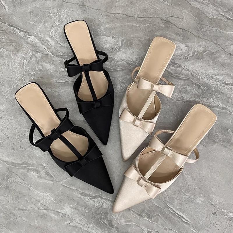 Fashion Satin Baotou Cool Mopping Summer New Pointed Toe Shallow Mouth Bow Hollow-out Non-slip Wear-resistant One-line High Heels