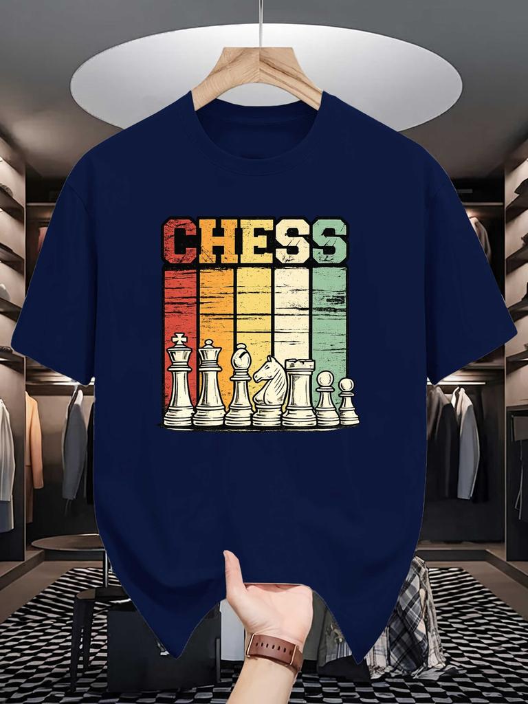 Retro Distressed Chess Pieces Graphic Unisexs Crew Neck T Shirt Board Game Print Short Sleeve Casual Cotton Daily Street Tops