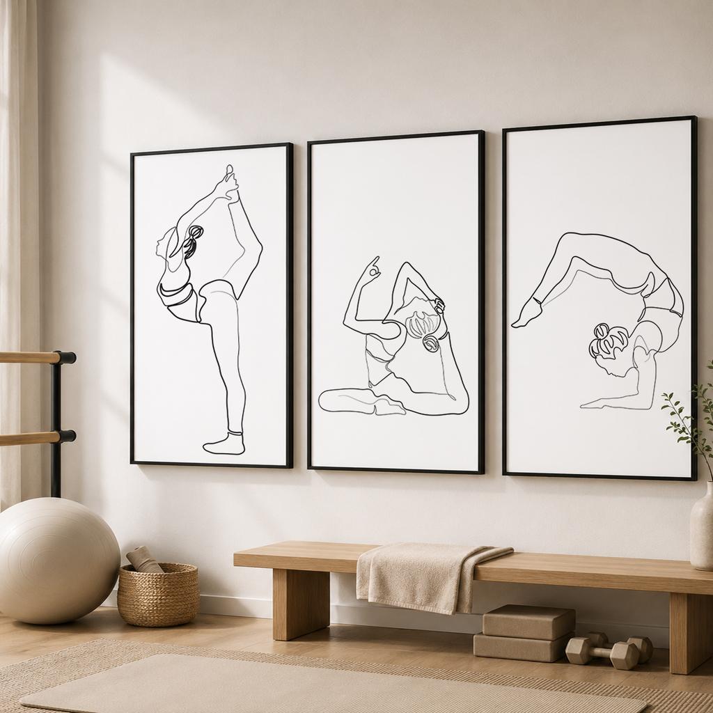 Black White Line Wall Art, Modern Woman Yoga Canvas Painting, Nordic Minimalist Poster Print for Living Room Bedroom Wall Decor