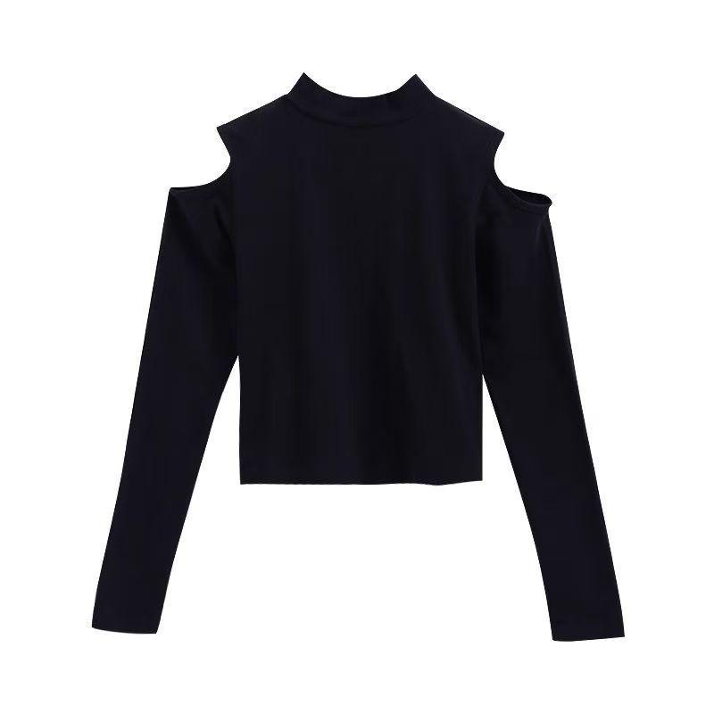 Women's Black Off-Shoulder Long Sleeve Crop Tops - Autumn/Winter High Collar Cotton Fashion T-Shirts