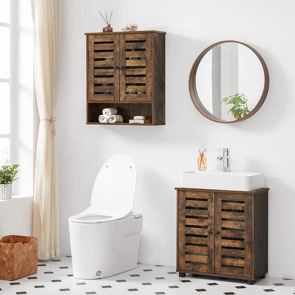 VASAGLE Wall Cabinet, Hanging Bathroom Storage Cabinet, Medicine Cupboard with Adjustable Shelf, Double Shutter Doors and Open Shelf, 60 x 20 x 70 cm