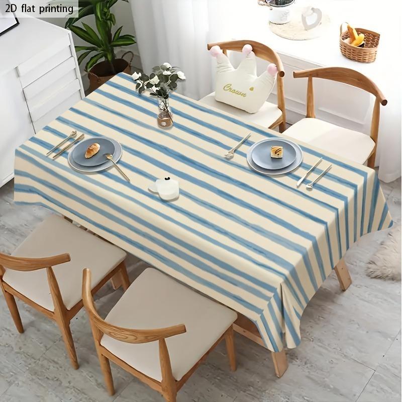 Soft, fashionable and beautiful blue and white striped tablecloth. Machine washable and reusable.