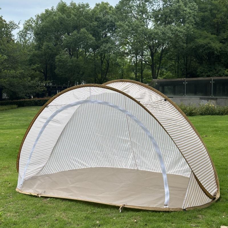 Beach Tent Quick Setup Portable Lightweight Striped Beige White Canopy for Camping Picnics Beach Outdoor Shade UV Protection