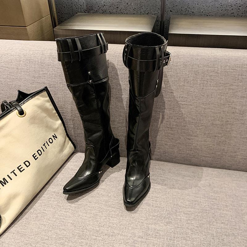 But Knee Boots Women's 2025 Autumn and Winter Khaki Suede Pointed Boots Children Thick Heel Thin Pleated Piled Boots