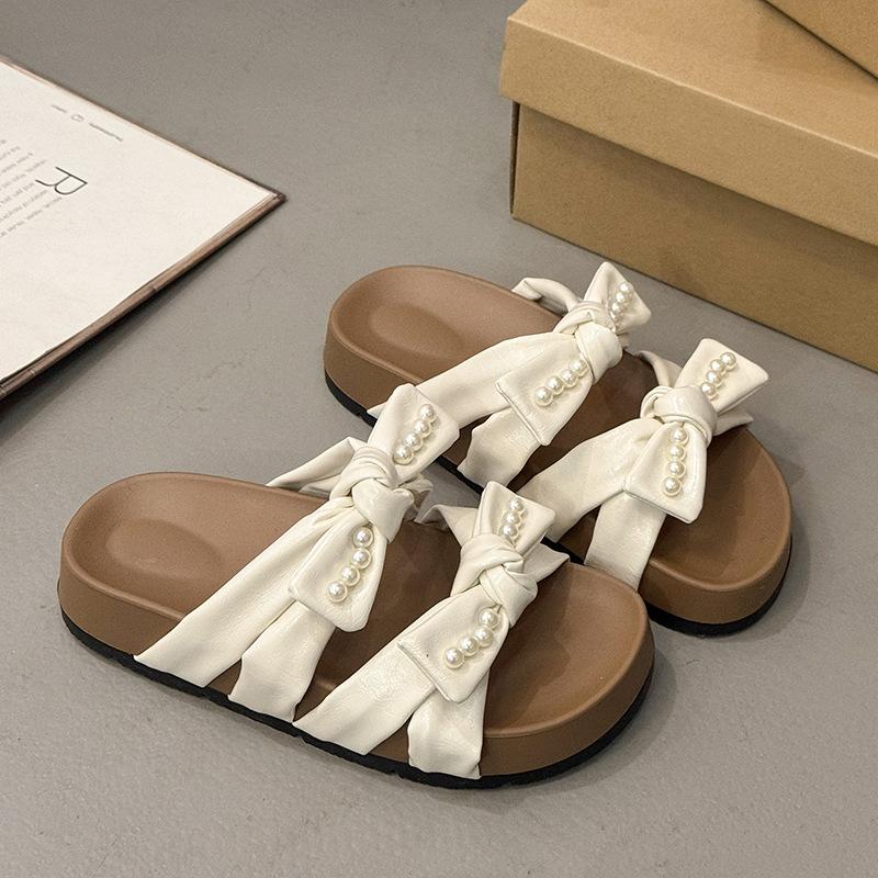 Pearl Bow Soft Bottom Cool Slippers Women's Summer Wear 2025 New Fashion Versatile Comfortable Beach Cool Slippers