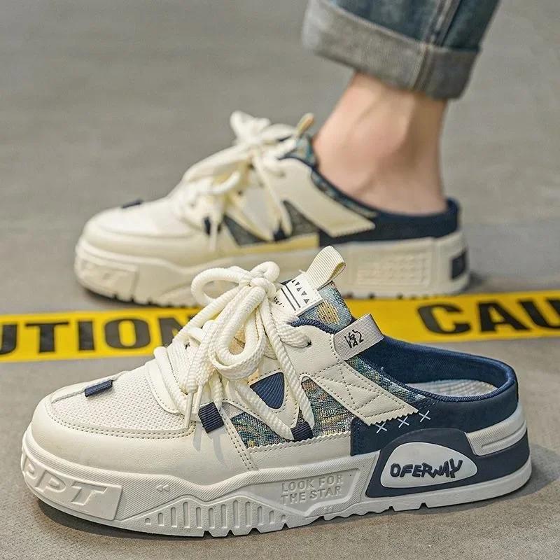 Fashion 2025Summer Fashion Designer Men Half Slipper Breathable Casual Platform Shoes Lightweight Sneakers Outdoor Walking Flats Loafers