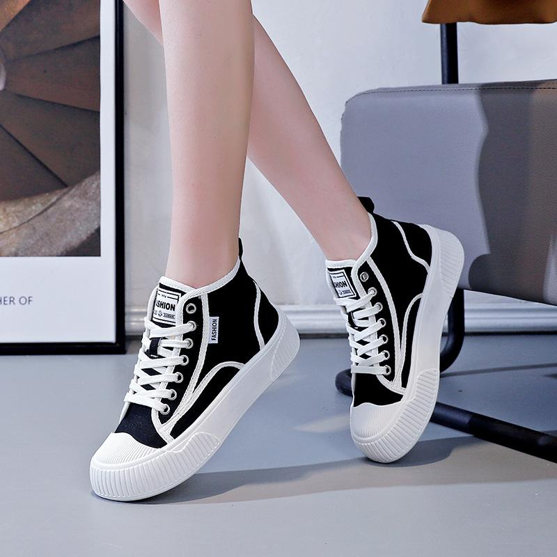 Spring new ins breathable canvas shoes high-top casual board shoes platform muffin shoes