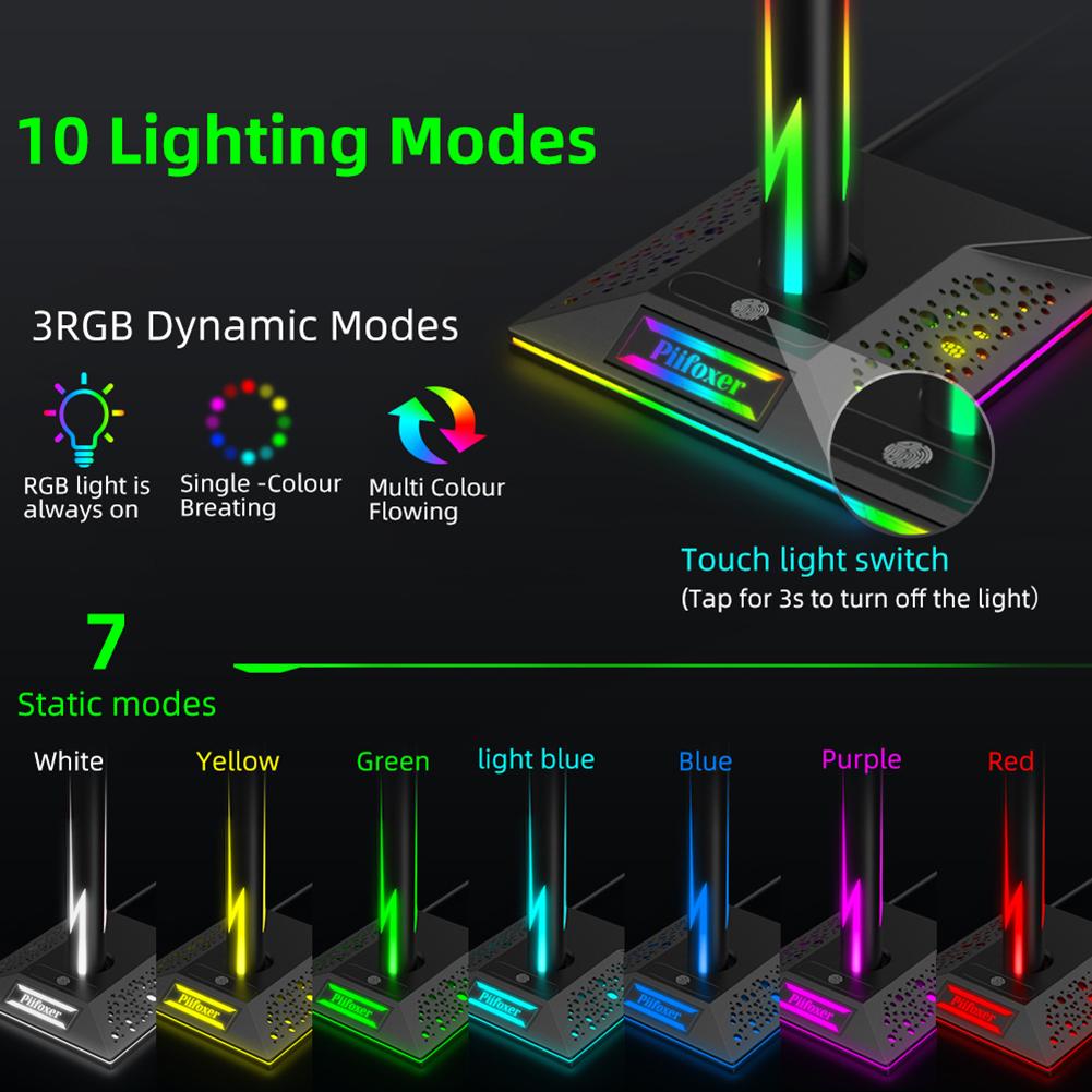 RGB Gaming Headphone Stand Eb01-b Headset Stand Dual USB Port Touch Control Strip Light Gaming Headset Holder Earphone